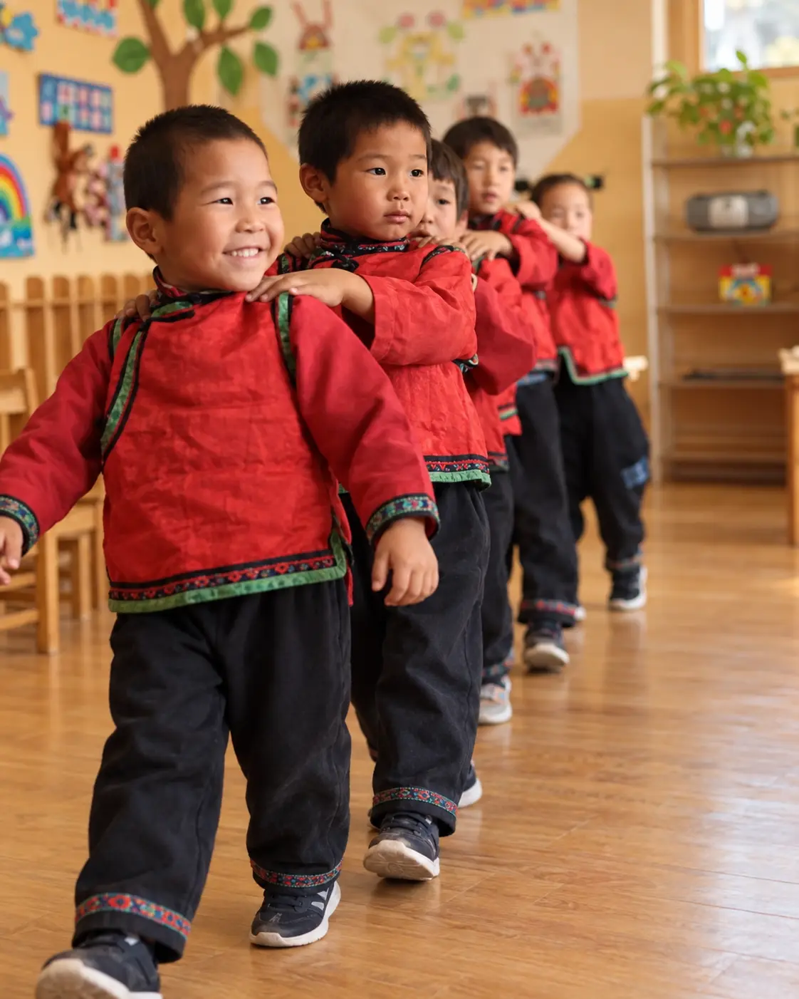 Young students participating in a lively Ananda Marga school activity in Mongolia