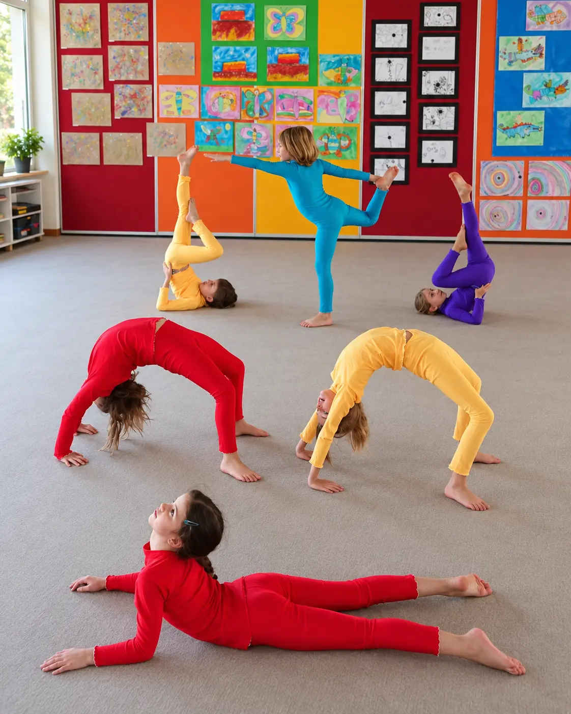 Children practising age-appropriate yoga in a bright classroom