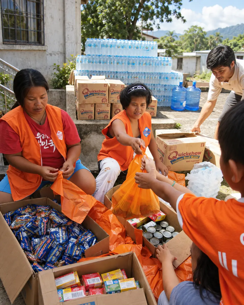 AMURT volunteers preparing water, food and essential relief supplies