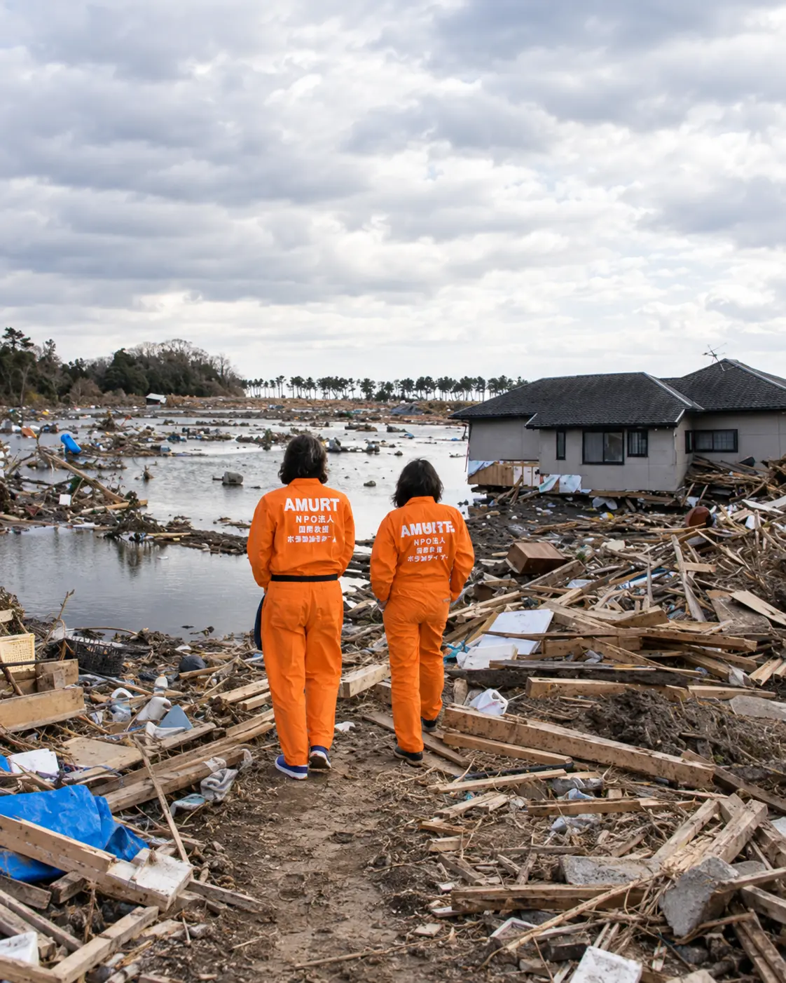 AMURT relief workers walking through an area devastated by the Japan tsunami